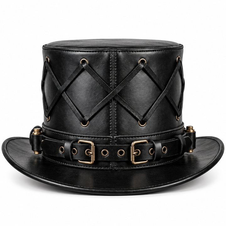 Black Leather Gothic Top Hat Steampunk Victorian Cowboy Costume Adjustable Strap