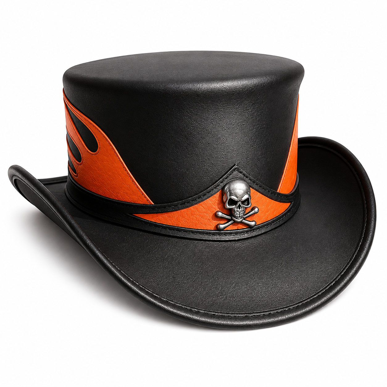 Handmade Leather Black Top Hat with Orange Flame Skull Biker Steampunk Gothic