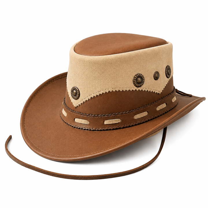 Handmade tan brown leather cowboy hat western style stitched trim festival wear