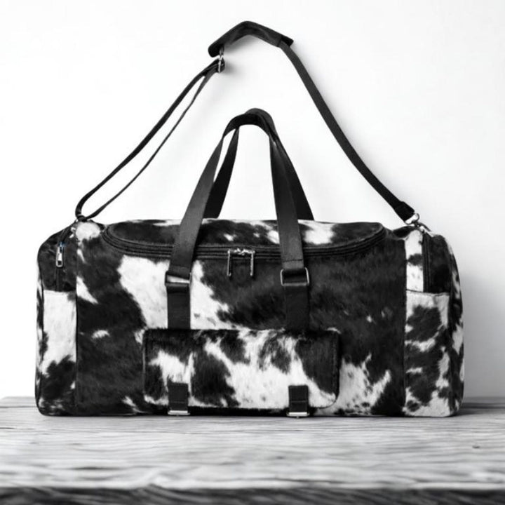 Black White Cowhide Duffle Bag  Leather Western Weekender Travel Bag 22