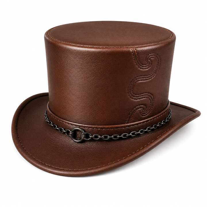 Handmade Brown Leather Top Hat Embossed Chain Band Gothic Steampunk Cosplay