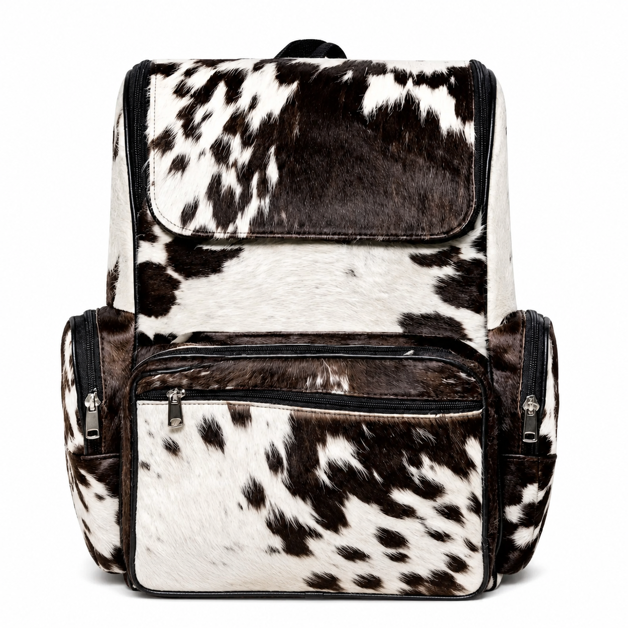 Handmade Genuine Cowhide Backpack, Black White Spotted Leather Rucksack