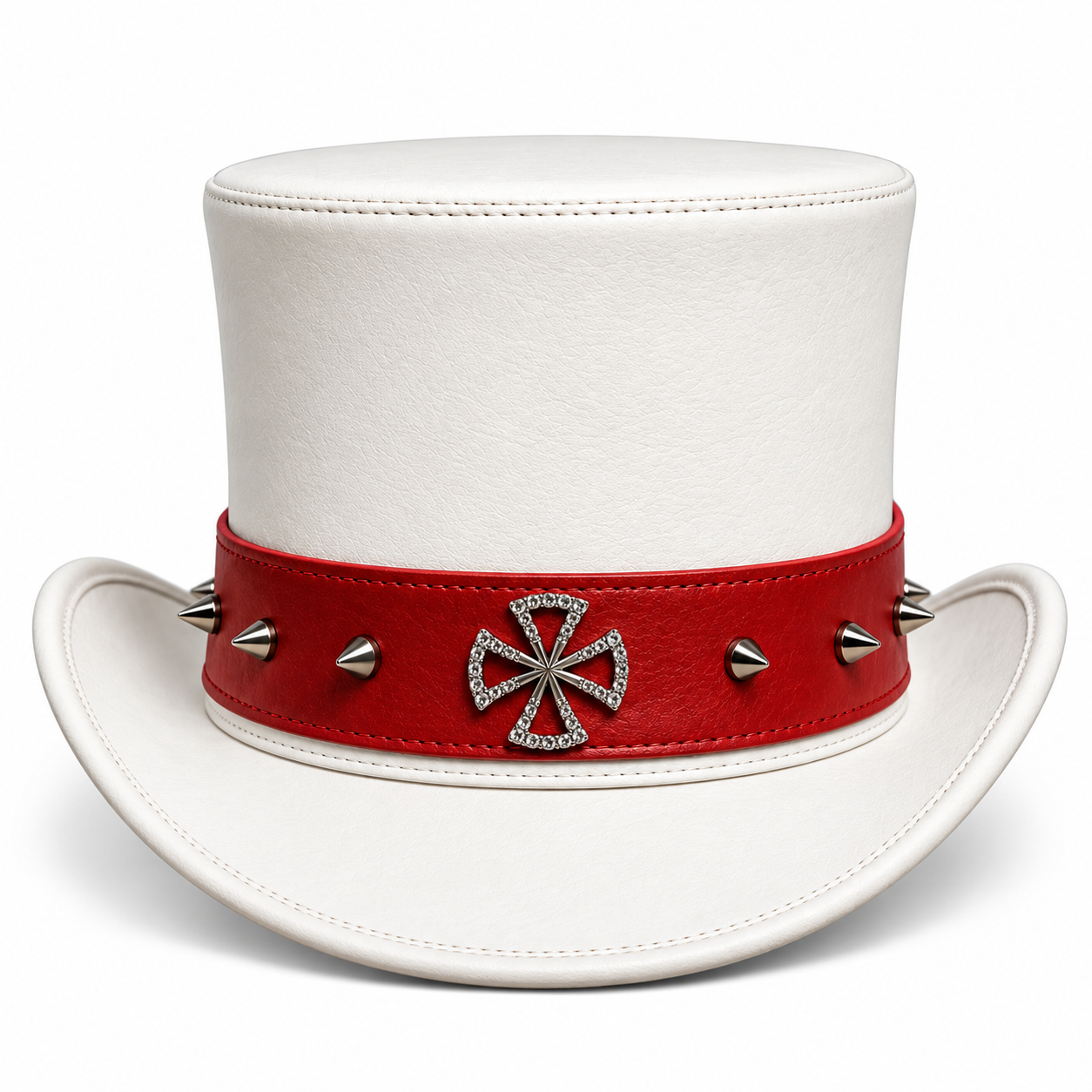 Handmade White Genuine Leather Steampunk Top Hat Gothic Studded Crystal Cross