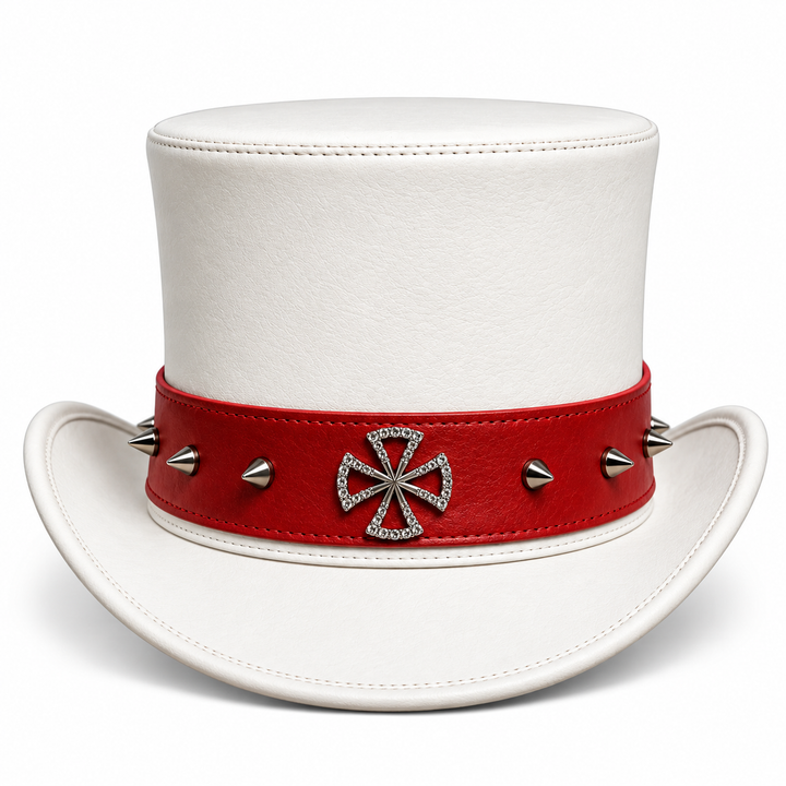 Handmade White Genuine Leather Steampunk Top Hat Gothic Studded Crystal Cross
