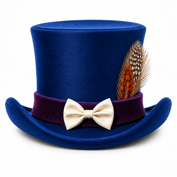 Mens Blue Velvet Top Hat Steampunk Victorian Mad Hatter Purple Bow Feather