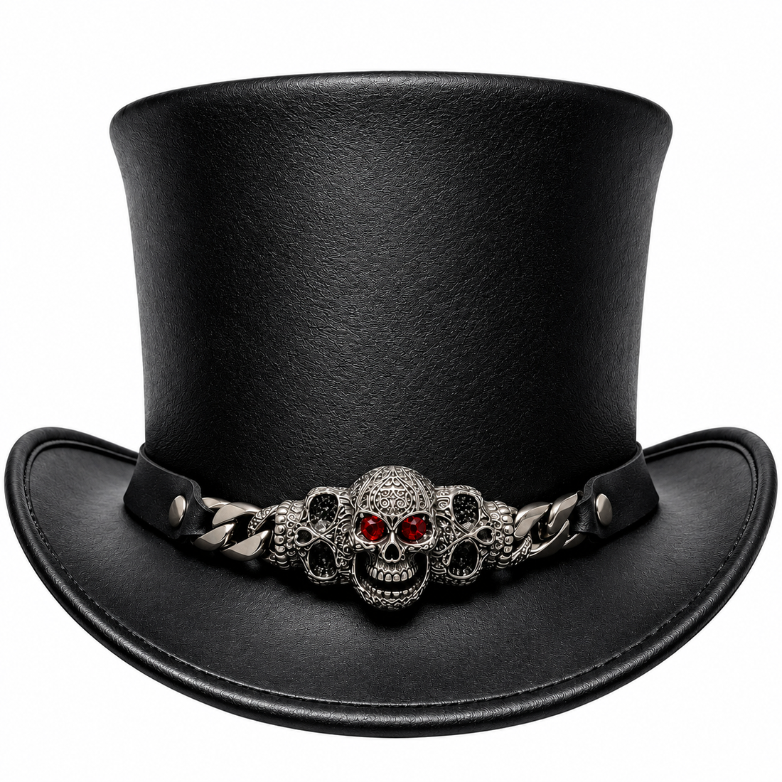 Mens Genuine Leather Gothic Top Hat Skull Red Eyes Steampunk Handmade Cosplay