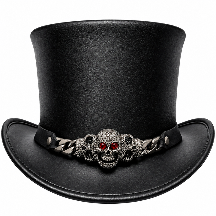 Mens Genuine Leather Gothic Top Hat Skull Red Eyes Steampunk Handmade Cosplay
