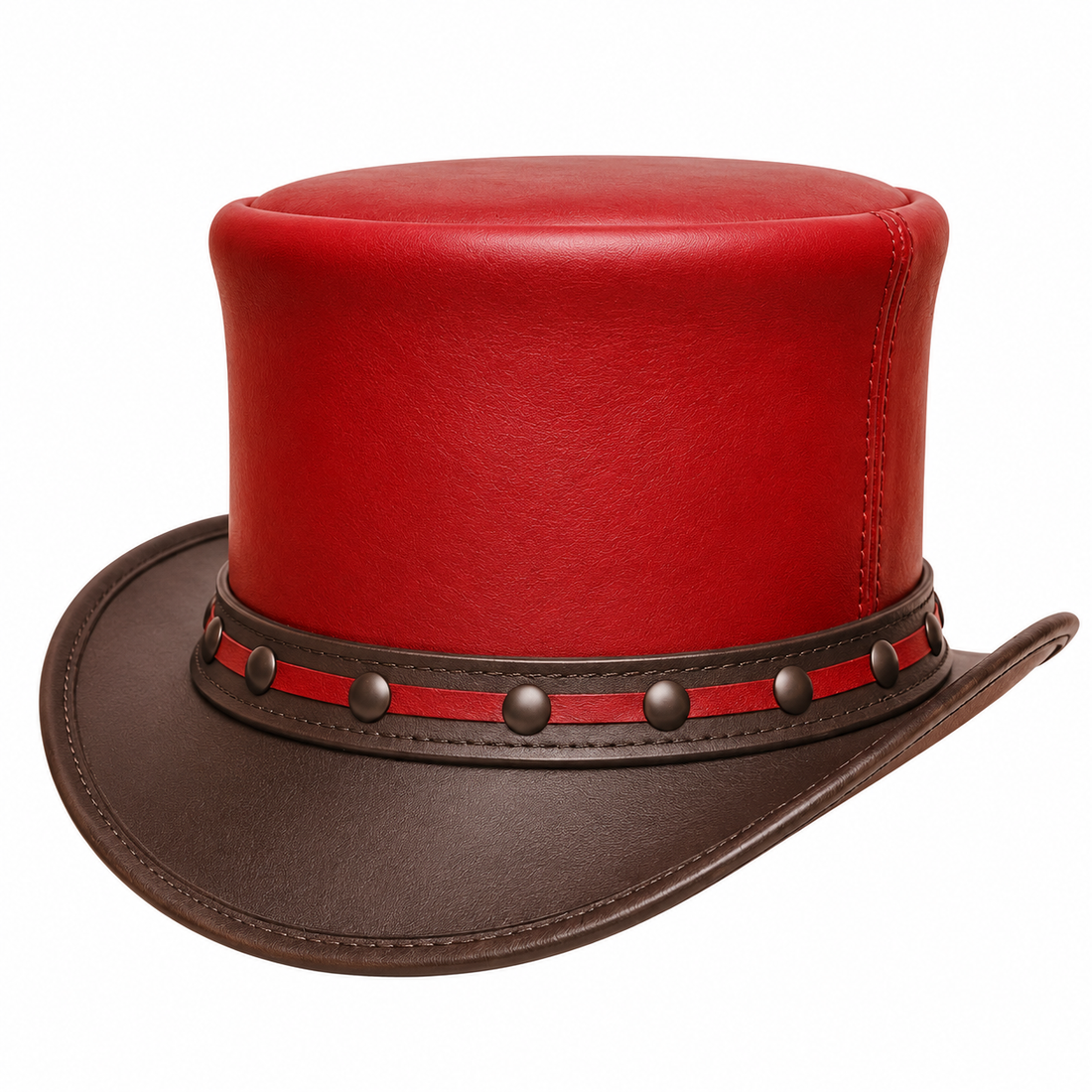 Red and Black Leather Top Hat with Stud Band  Steampunk Style