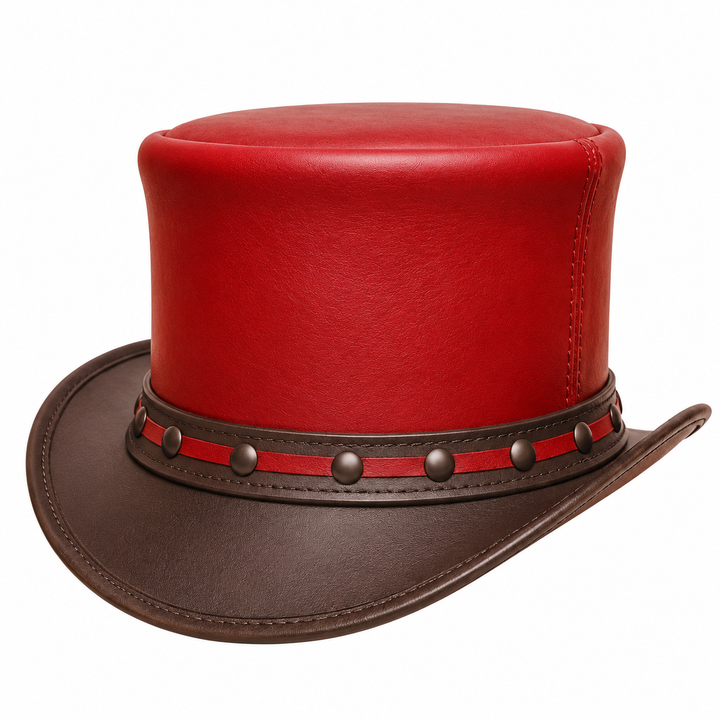Red and Black Leather Top Hat with Stud Band  Steampunk Style