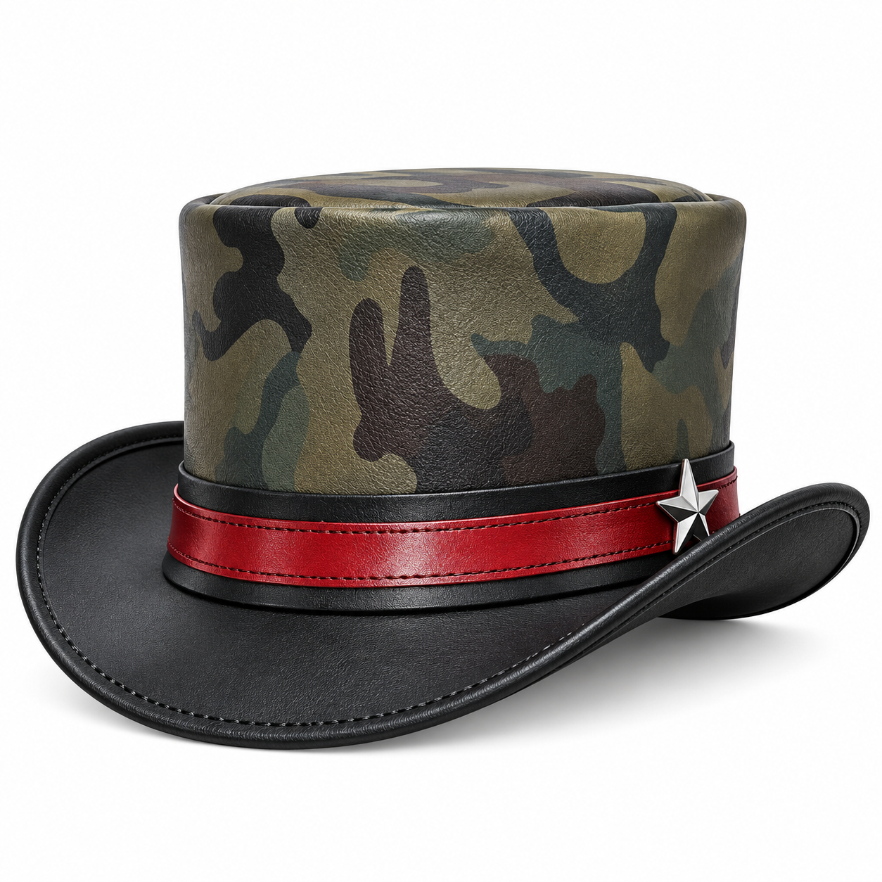 Handmade Genuine Leather Steampunk Top Hat Camo Red Band Gothic Victorian Hat