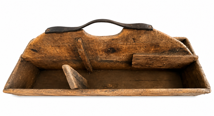 Vintage Antique Wooden Tool Tray Leather Handle Carrier Tote