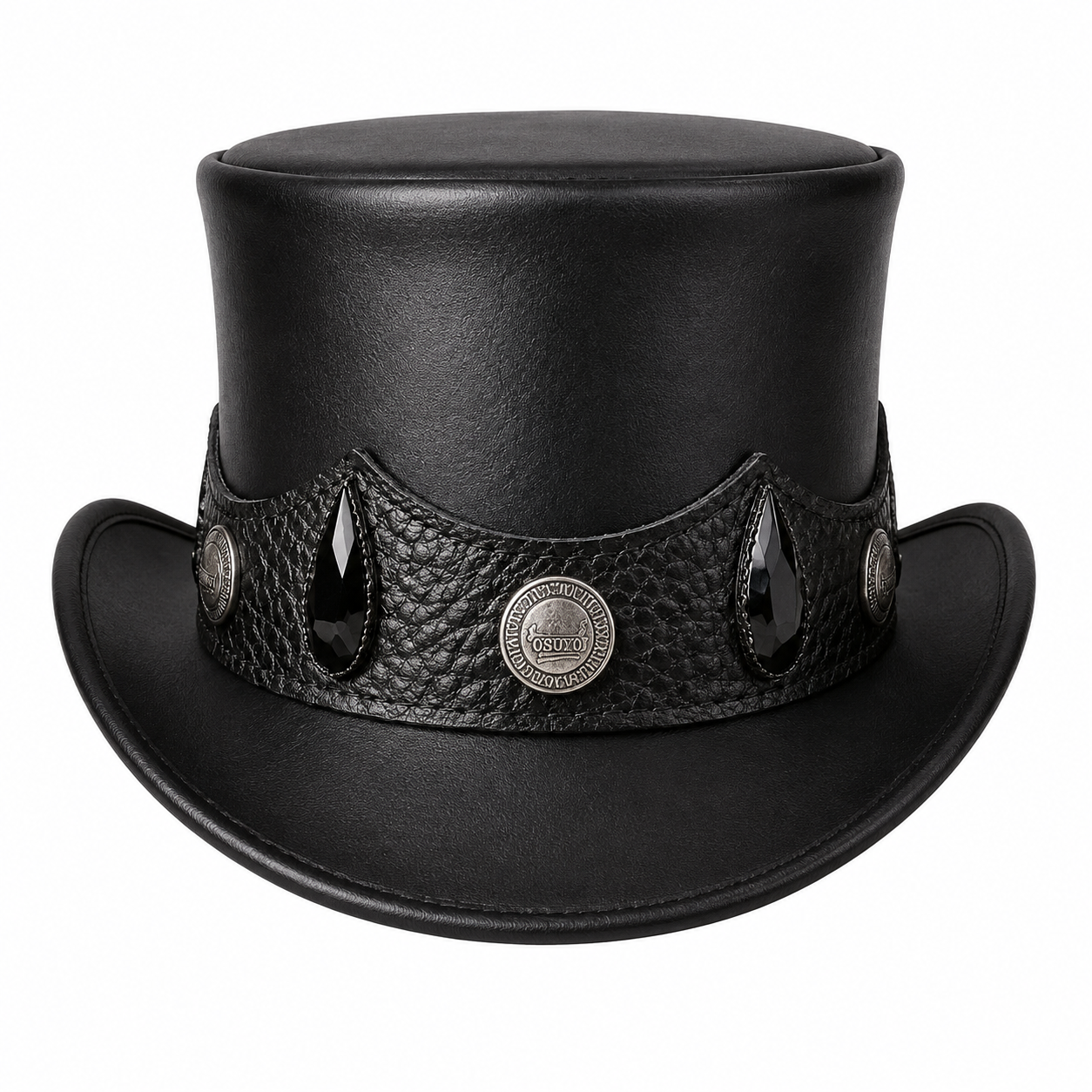 Handmade Black Leather Top Hat Gothic Steampunk Teardrop Band Festival Statement Style