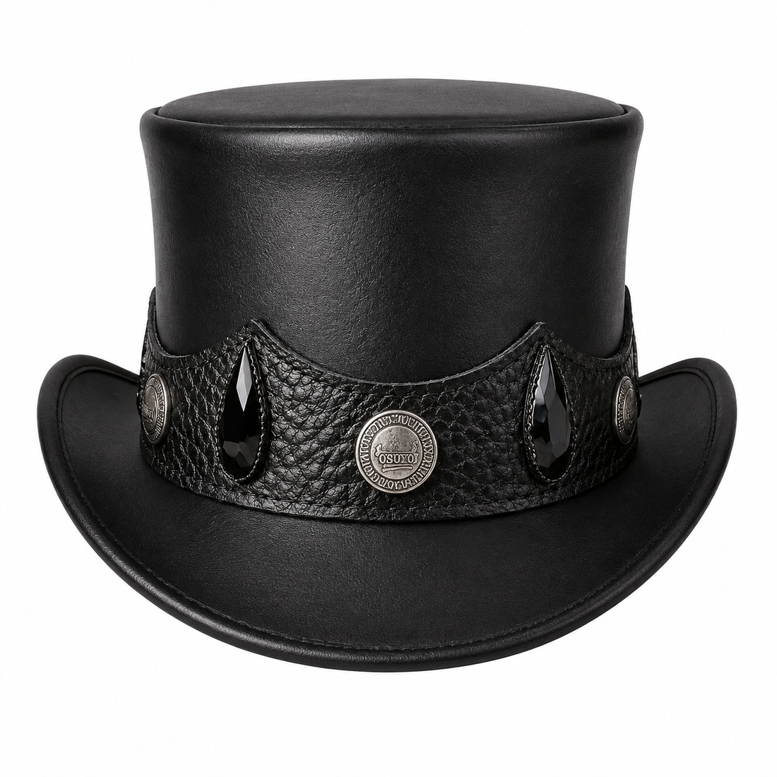 Handmade Black Leather Top Hat Gothic Steampunk Teardrop Band Festival Statement Style