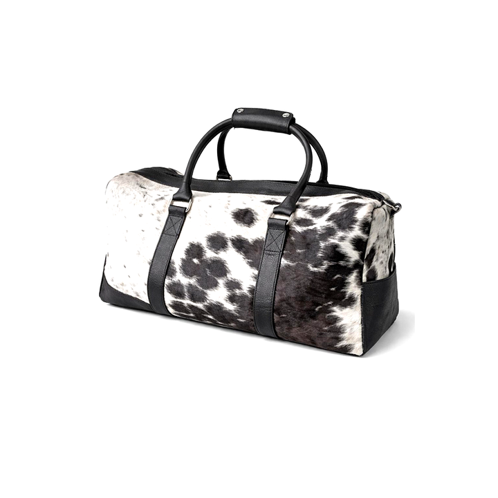 HairOn Cowhide Black and White Duffle Bag  Handmade Leather Weekender4