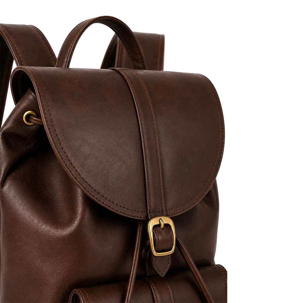 Chocolate Brown Leather Backpack, Vintage Rustic Travel Rucksack, Brass Buckle Daypack