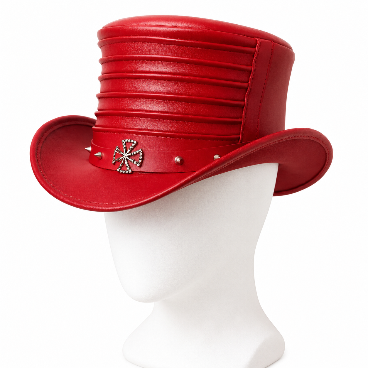 Handmade Unisex Red Leather Top Hat With Pleated Crown Steampunk Cosplay Hat