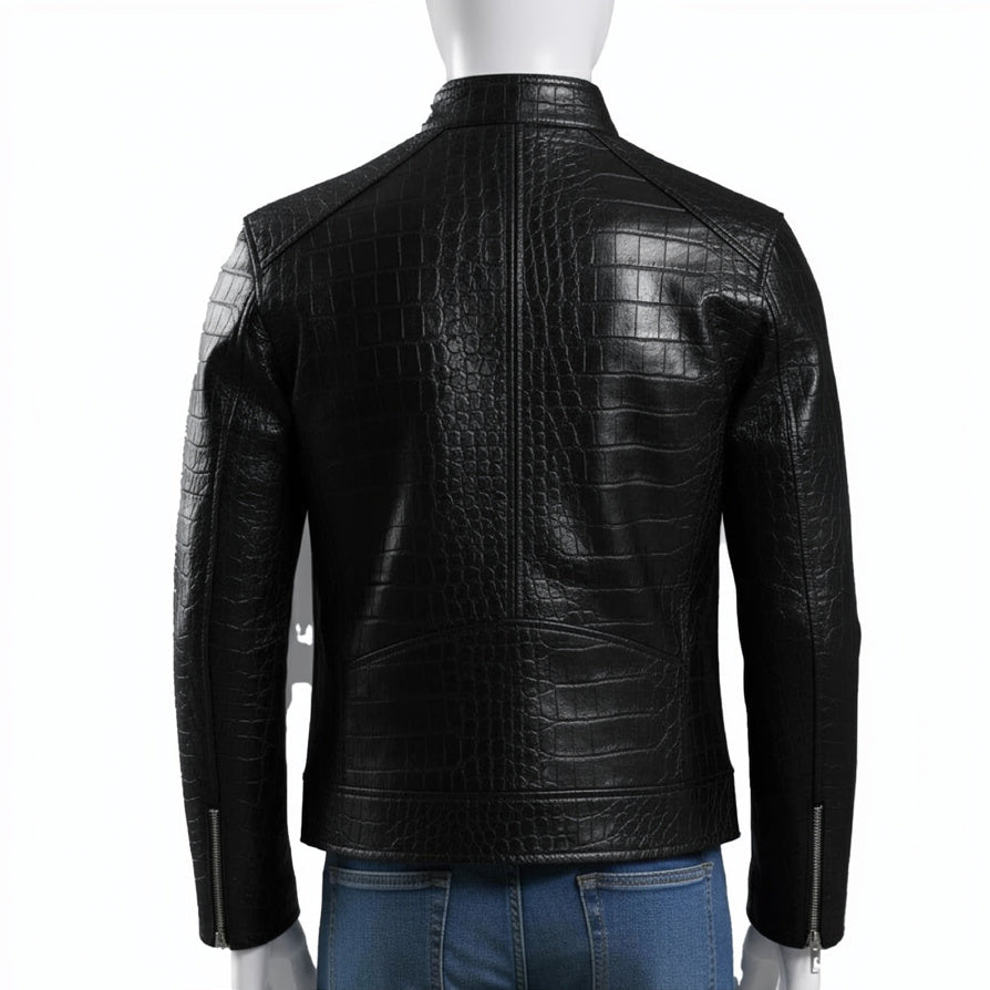 Black Crocodile Pattern Leather Jacket For Men  Genuine Leather Zip Up Biker Style Jackets