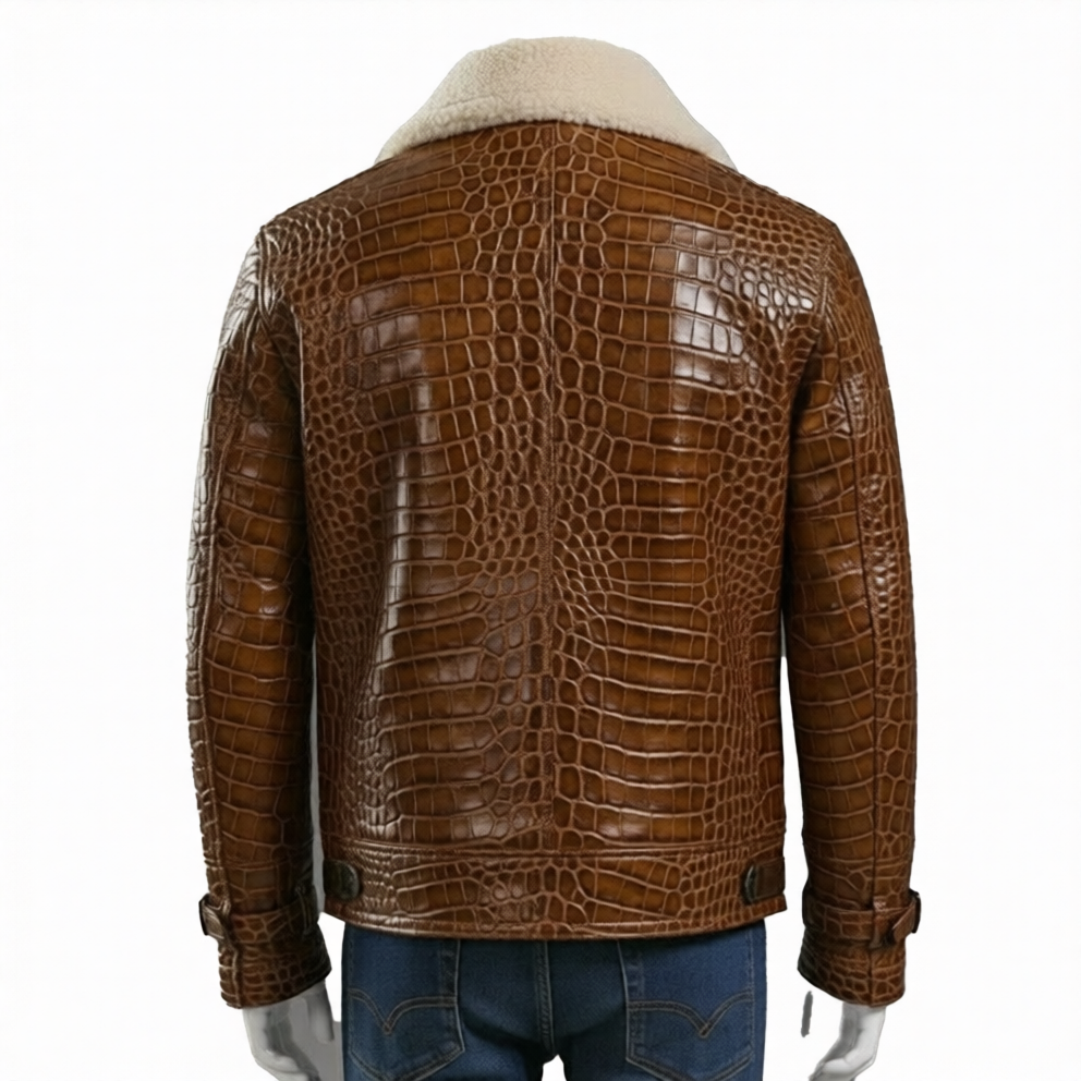 Brown Textured Leather Jacket Mens Winter Coat with Shearling Collar