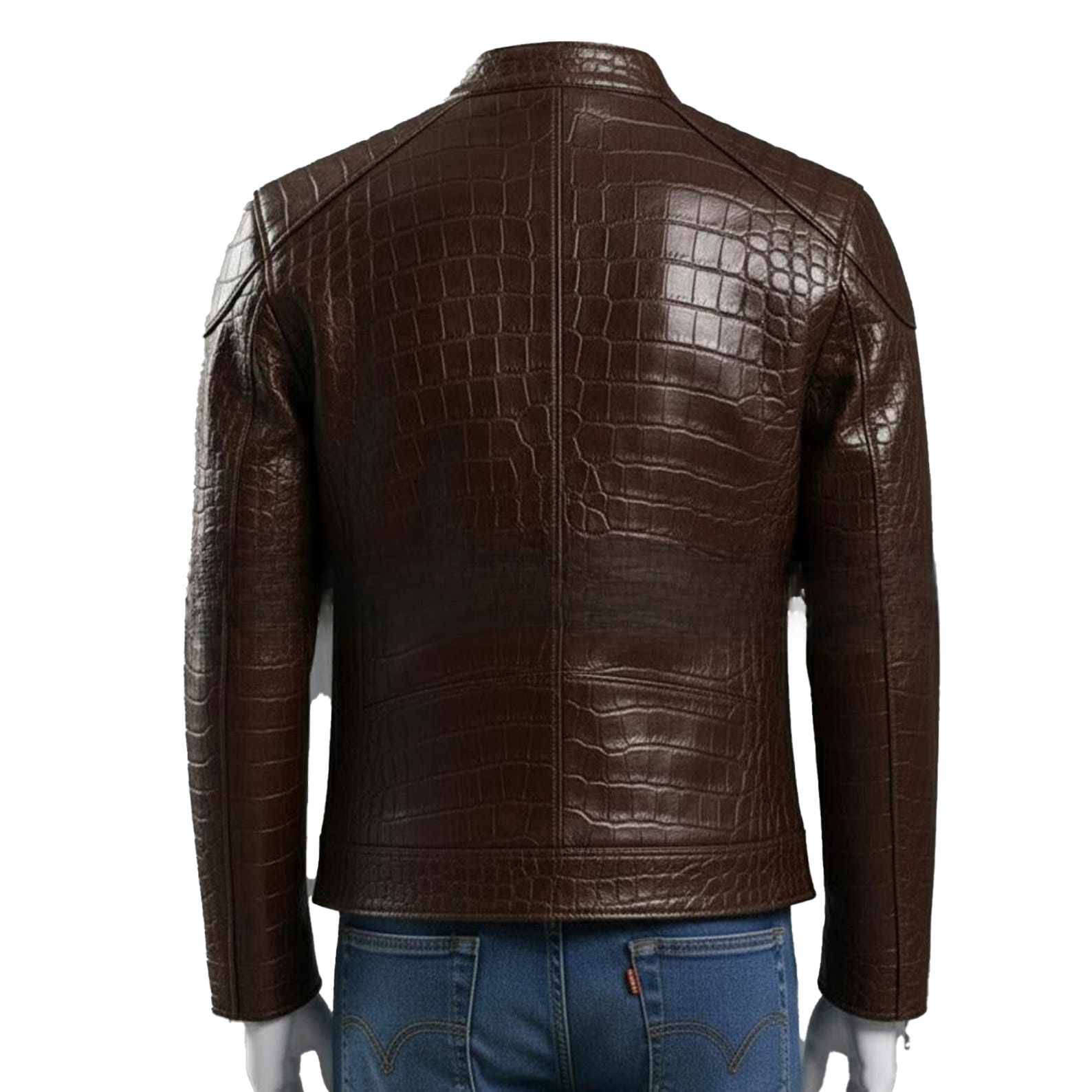 Embossed Genuine Leather Motorcycle Jacket  Slim Fit Aviator Coat