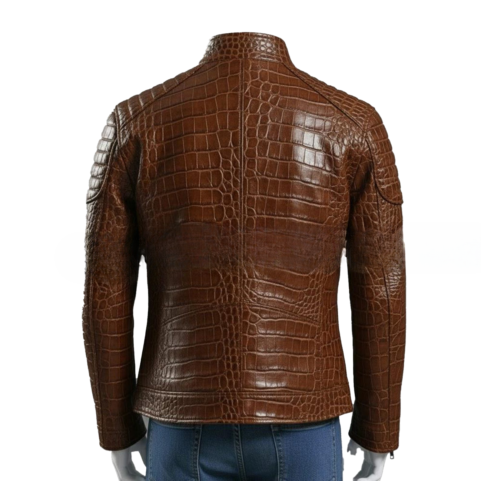 Embossed Brown Leather Jacket Men  Genuine Leather Stand Collar