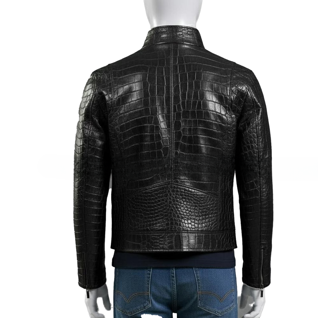 Mens Black Croc Embossed Genuine Leather Trucker Jacket