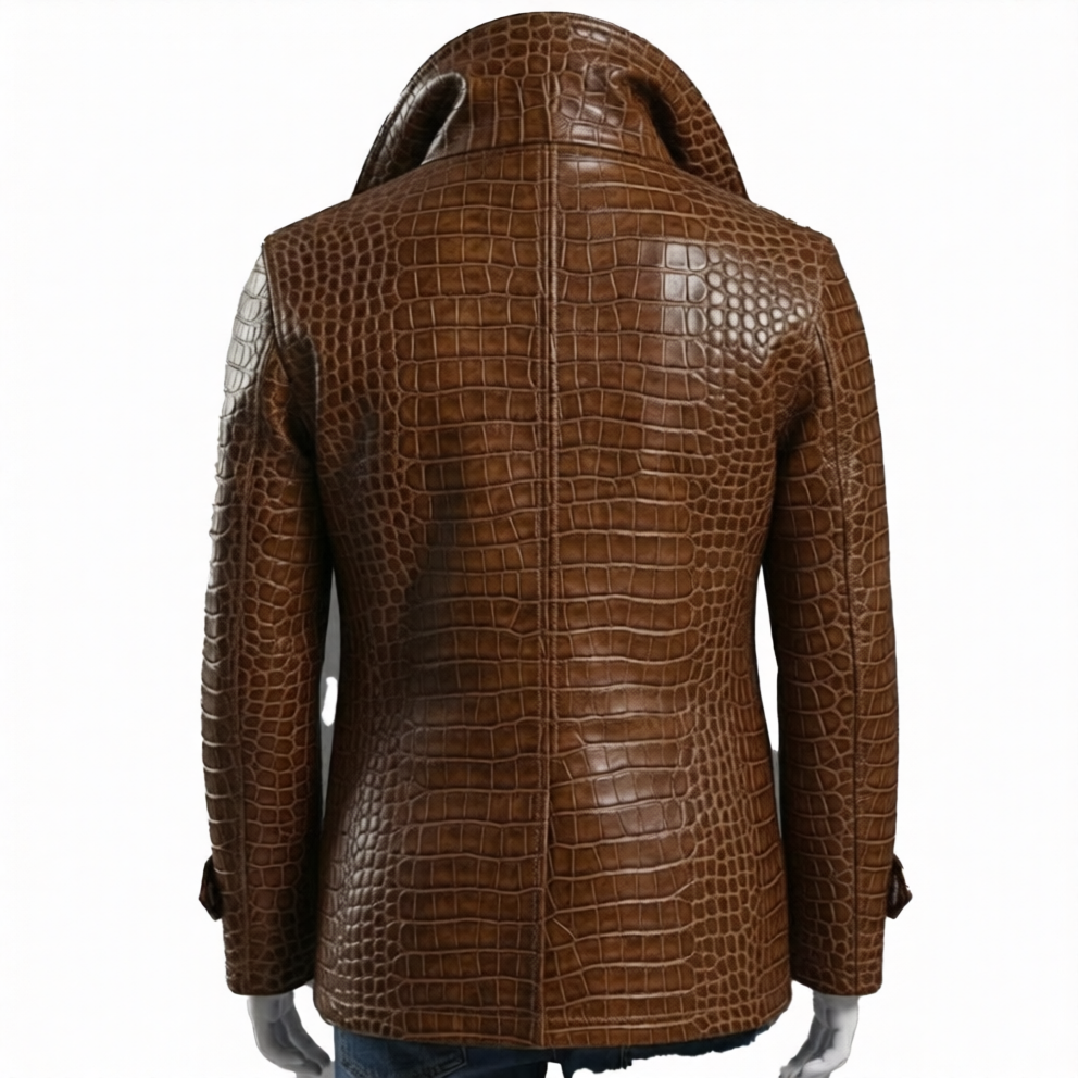 Embossed Brown Leather Coat  Mens Double Breasted Jacket