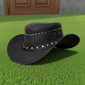 Handmade Black Leather Studded Outback Hat  Unisex Western Cowboy Style