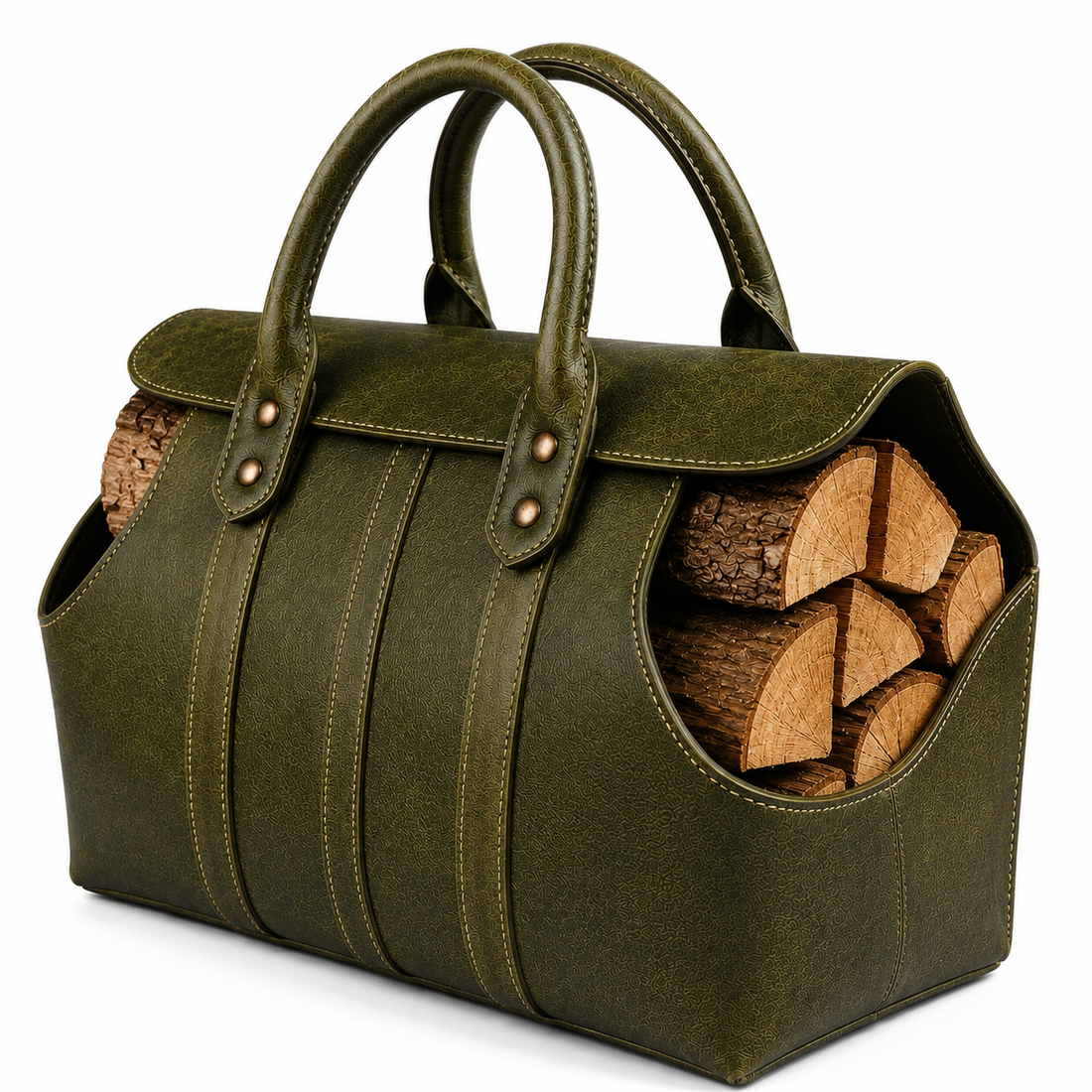 Handmade Full-Grain Leather Firewood Carrier Log Tote ΓÇô Rustic Farmhouse Storage Bag