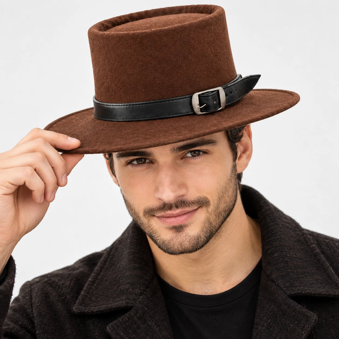 Brown Wool Felt Pork Pie Hat Tooled Leather Band Buckle Western Fedora Trilby