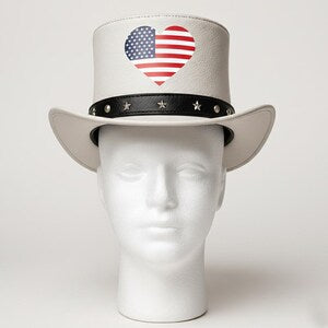Handmade Patriotic White Top Hat American Flag Leather Hat USA Western Festival