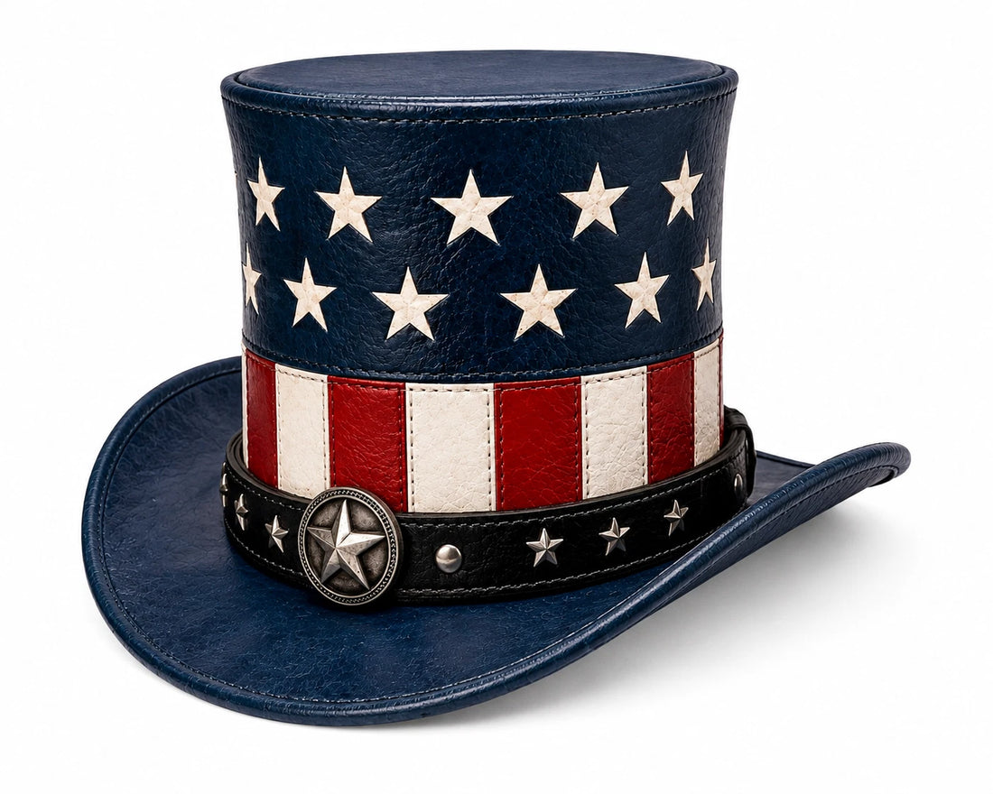 American Flag Leather Top Hat Patriotic Cowboy Western Costume Steampunk Hat