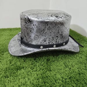 Handmade Silver Leather Top Hat Steampunk Gothic Cowboy Skull Hat