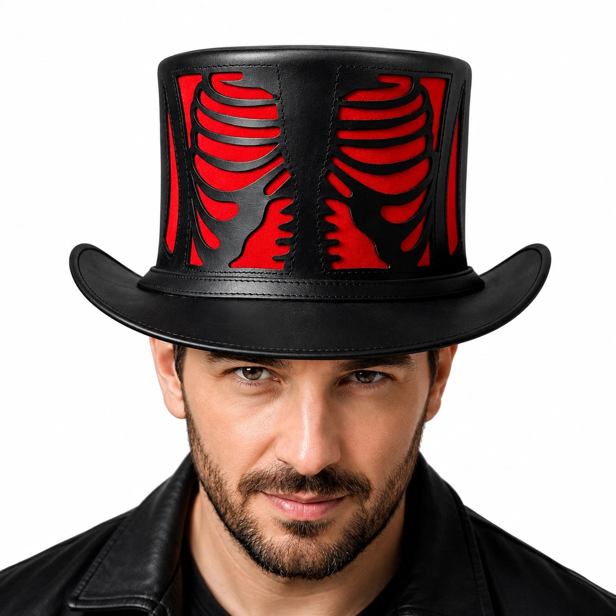 Handmade Genuine Leather Skeleton Ribcage Top Hat Black Gothic Steampunk Hat