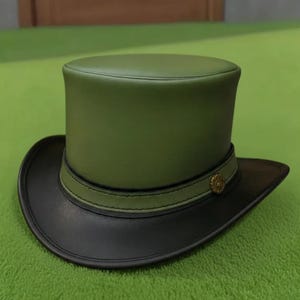 Handmade Green  Black Leather Top Hat Steampunk Victorian Gothic Cosplay Festival Hat