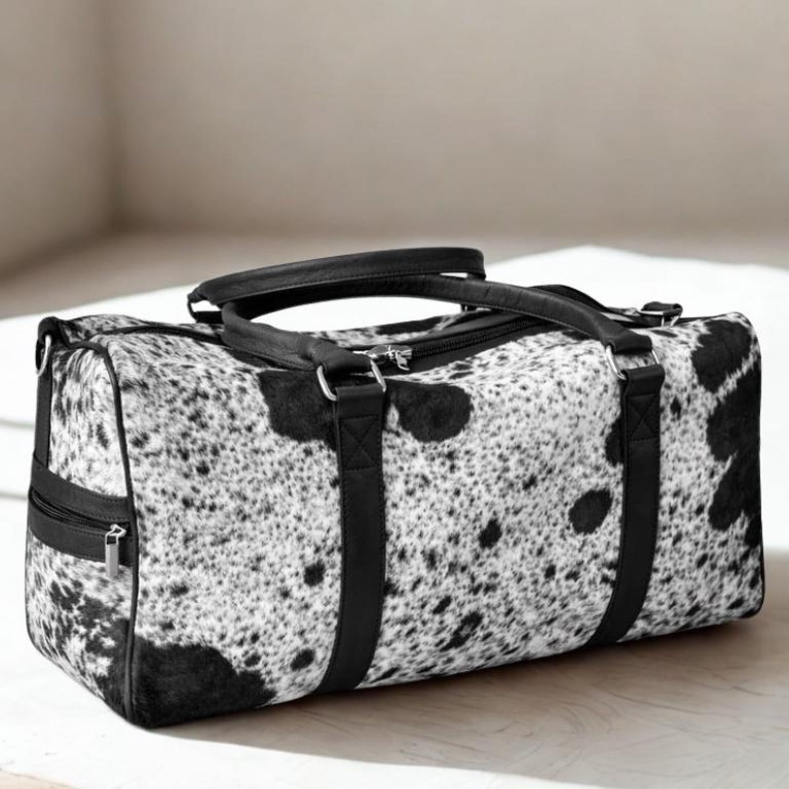 Black White Cowhide Duffle Bag  Handmade Hair On Leather Weekender Travel