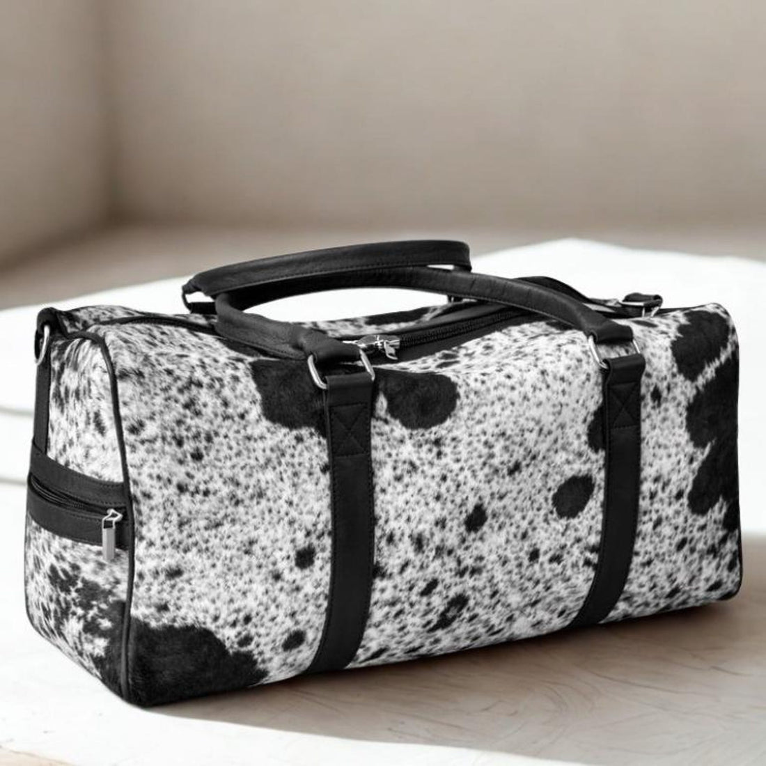 Black White Cowhide Duffle Bag  Handmade Hair On Leather Weekender Travel