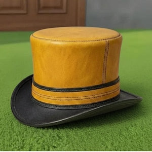 Handcrafted Yellow Leather Steampunk Top Hat Victorian Gothic Cosplay Hat