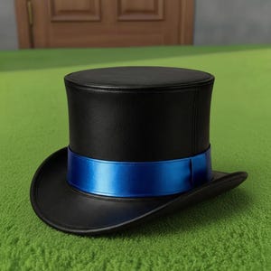Handmade Black Leather Top Hat Blue Band Steampunk Gothic Victorian Cosplay Hat