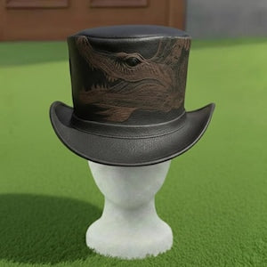 Handmade Black Leather Top Hat Engraved Dragon Gothic Fantasy Steampunk Cosplay