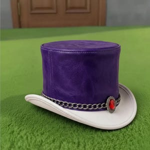 Handmade Purple White Leather Top Hat Victorian Steampunk Gothic Cosplay Costume Hat