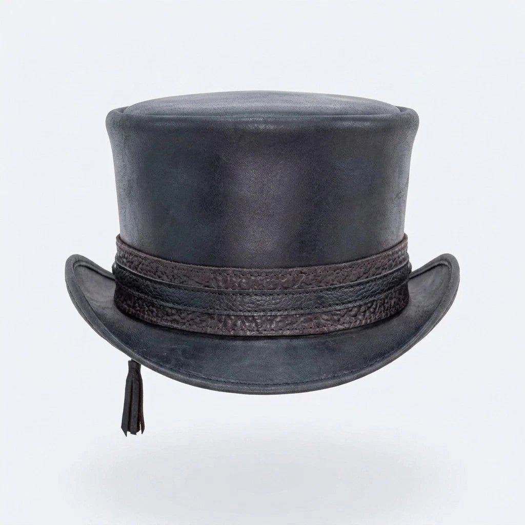 Black Leather Top Hat Handmade Bull Nickle Style Band Victorian Hat Steampunk