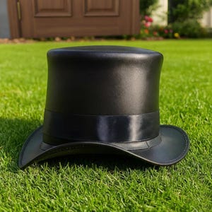 Handmade Black Leather Top Hat Victorian Steampunk Cosplay Accessory
