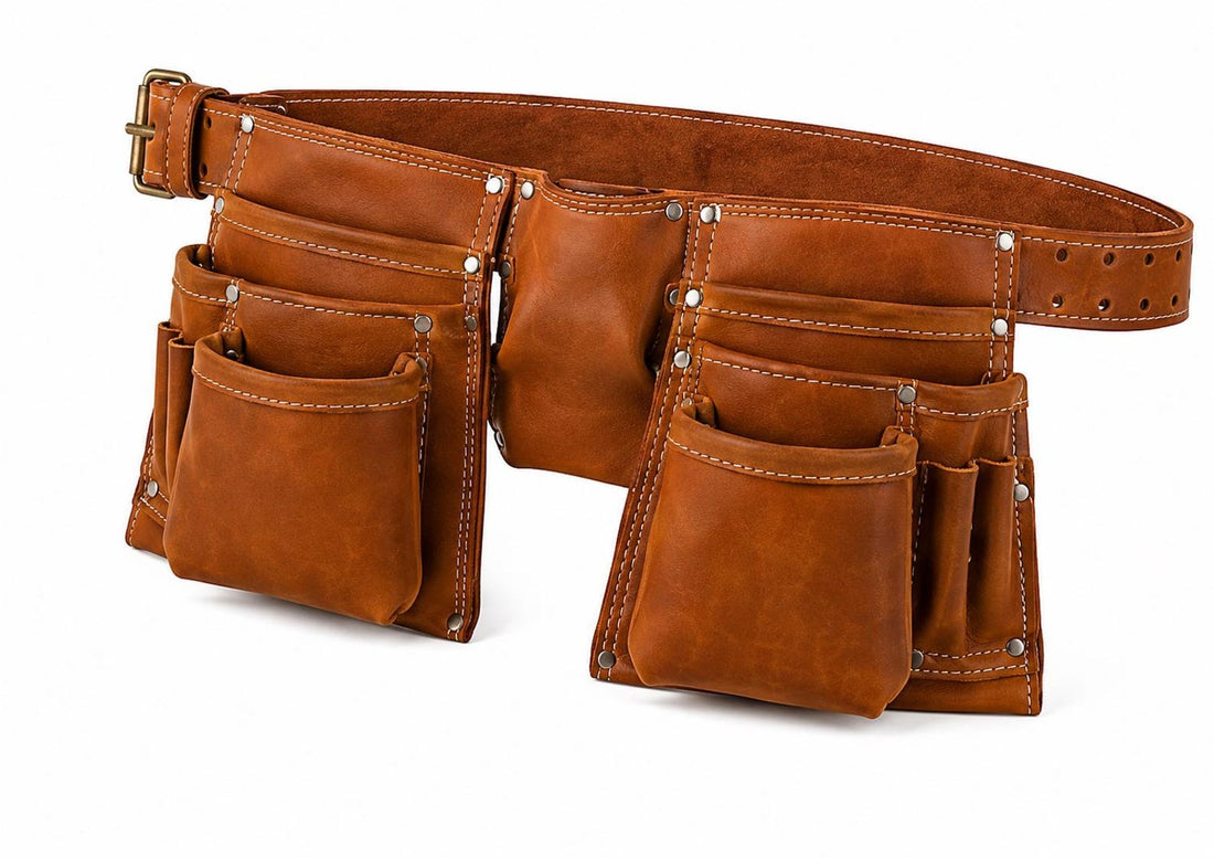 Durable Tan Brown Leather Tool Belt with Multiple Storage Pockets
