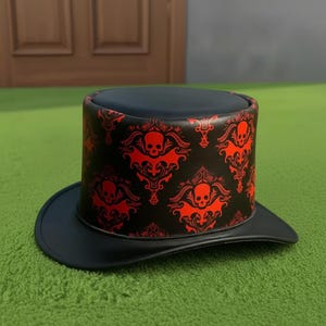 Handmade Leather Black Top Hat Red Skull Gothic Steampunk Halloween Costume Wear