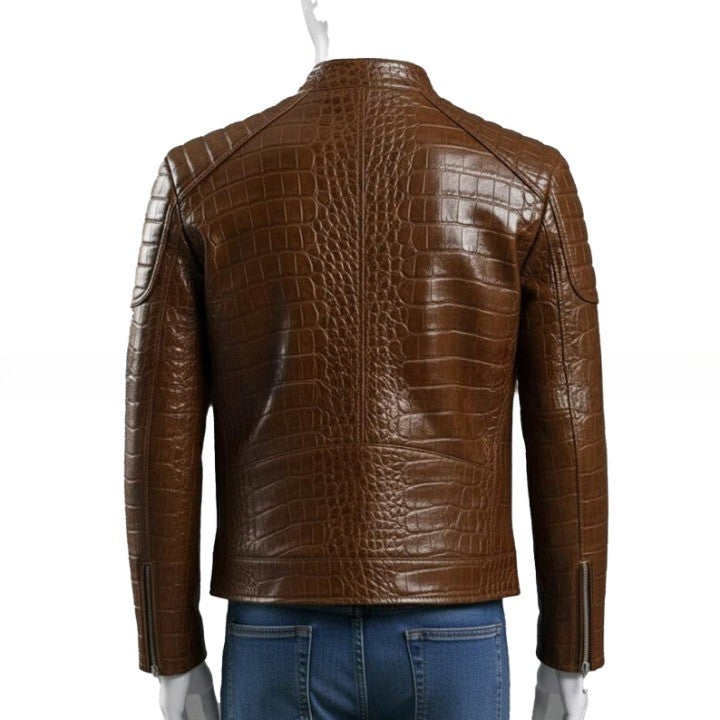 Mens Brown Crocodile Embossed Leather Biker Jacket  Slim Fit Aviator Coat