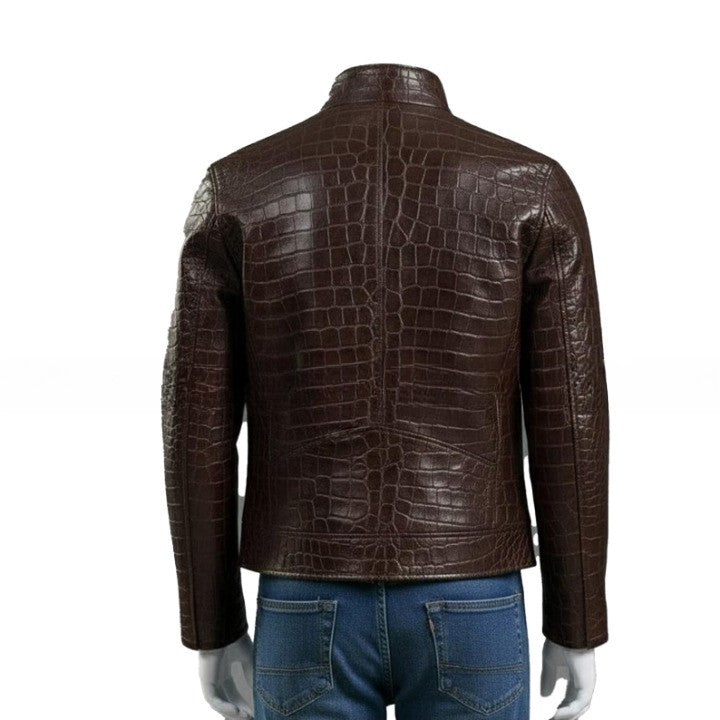Mens Croc Embossed Genuine Leather Jacket  Slim Fit Stand Collar