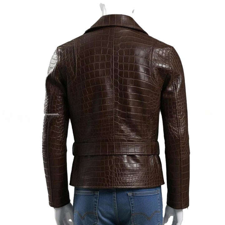 Embossed Brown Leather Moto Jacket  Asymmetrical Zip Belted Waist