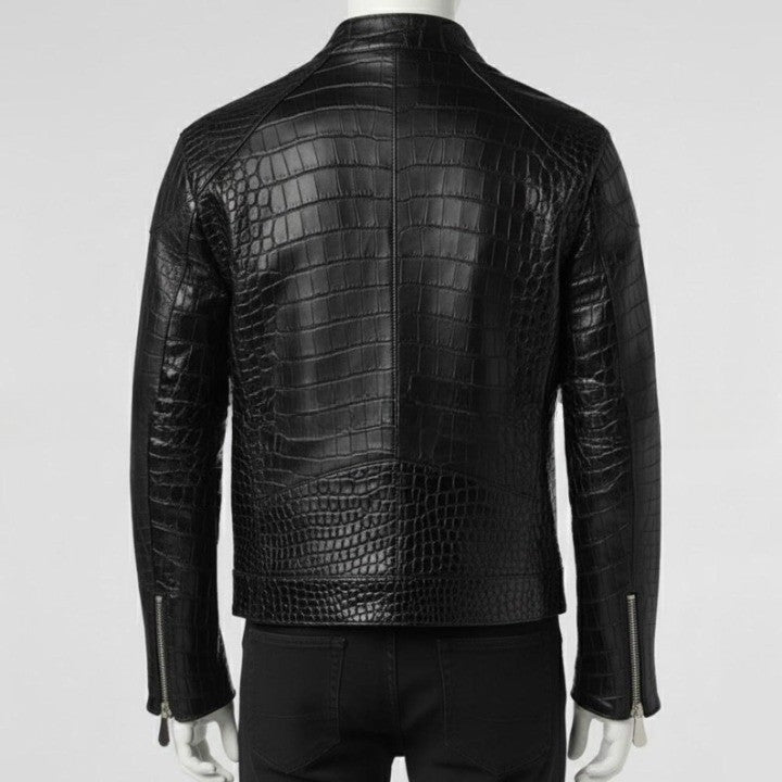 Mens Crocodile Embossed Leather Biker Jacket  Slim Fit Aviator Coat