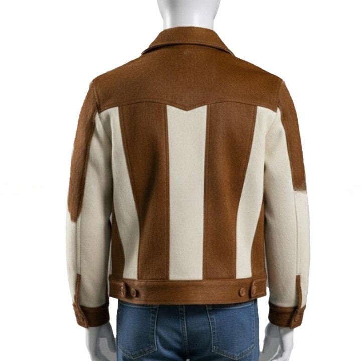 Mens Brown  Cream Cowhide Style Leather Jacket  Handmade Patchwork Western Jacket