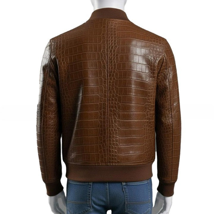 Mens Brown Croc Embossed Genuine Leather Bomber Jacket